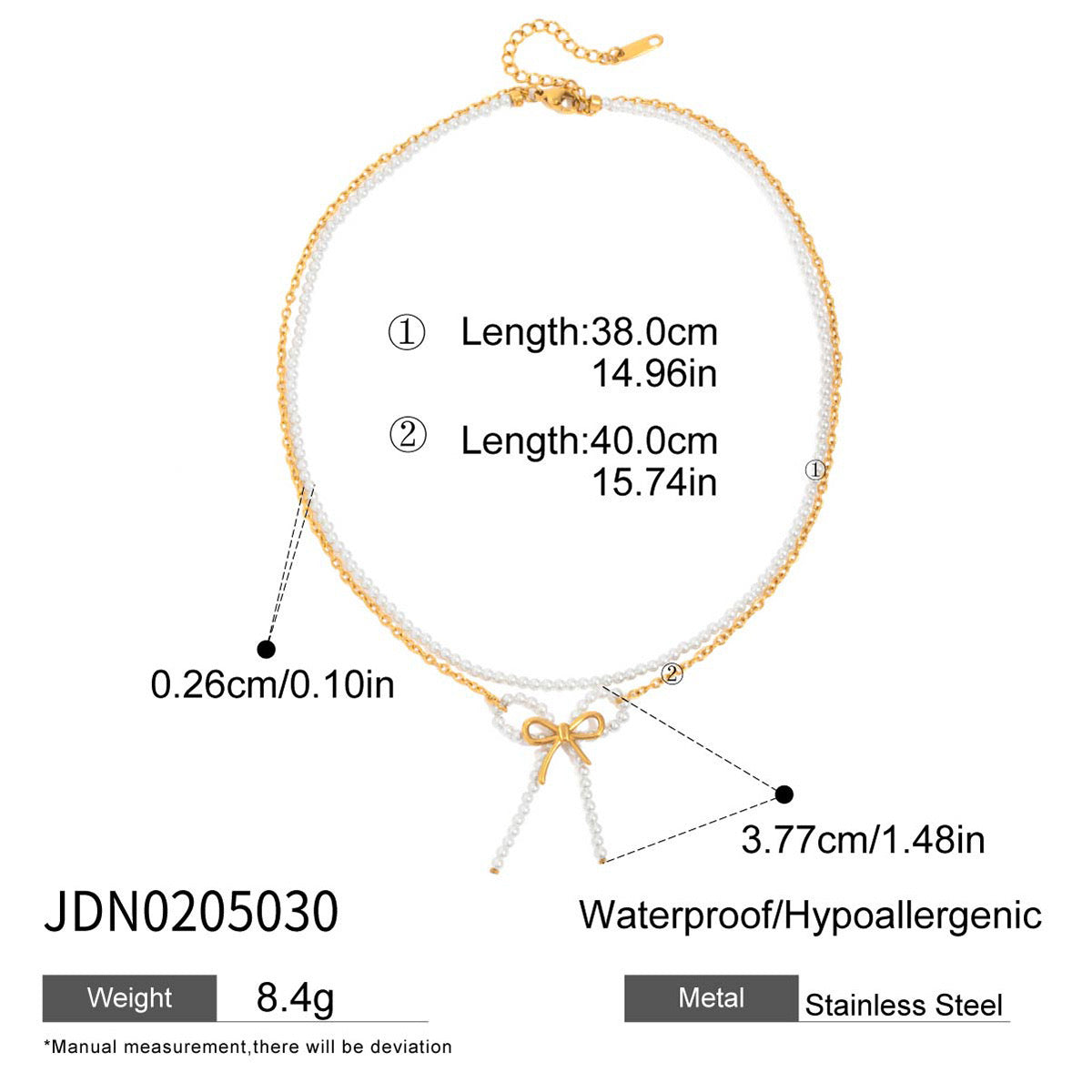 18K Gold Coquette Bow Pearl Pendant Double Chain Layered Necklace Set
