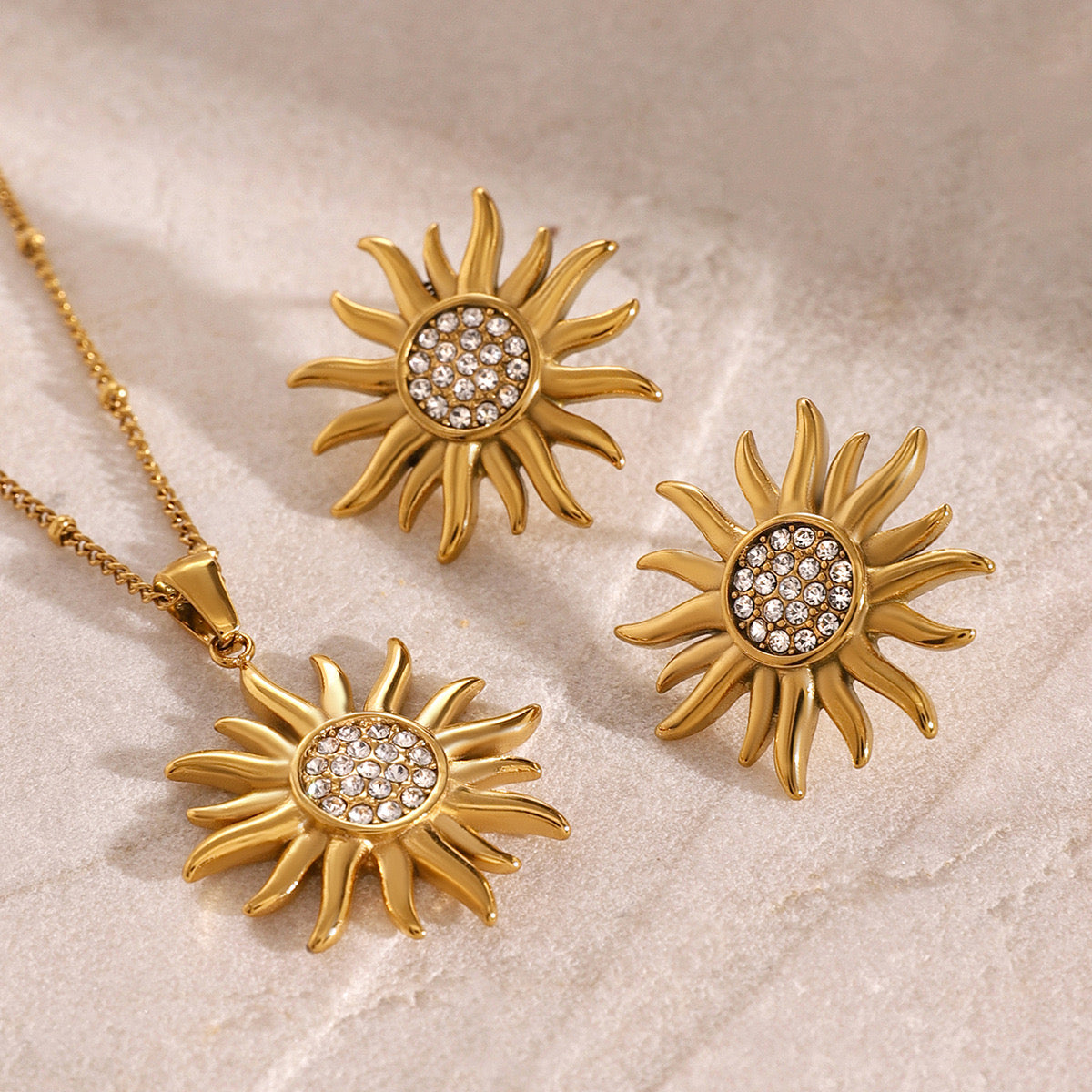 18K Gold Bling Sunflower CZ Statement Stud Earrings