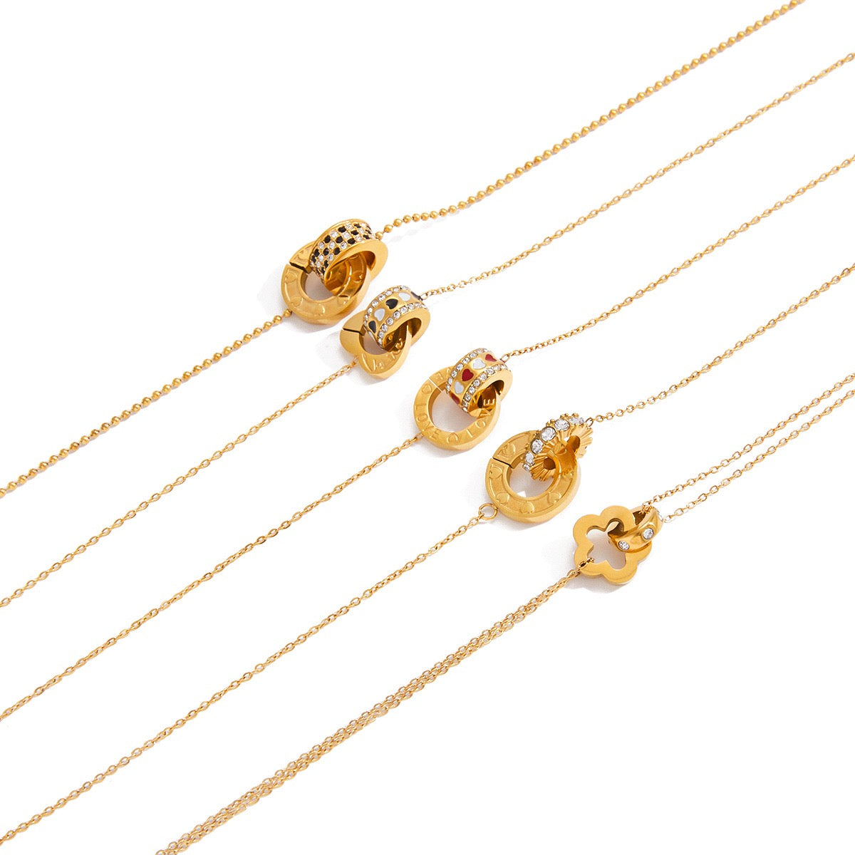 18K Gold Together Two Ring Connected Dainty Pendant Necklace