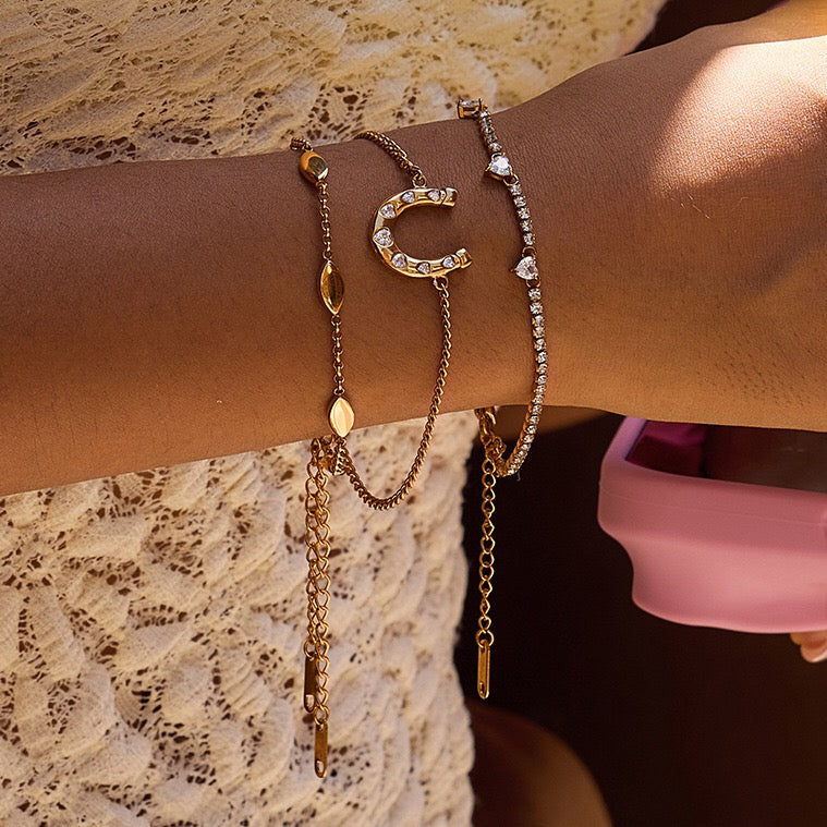 18K Gold Intimate Heart Tennis Horseshoe Chain Bracelet Stack