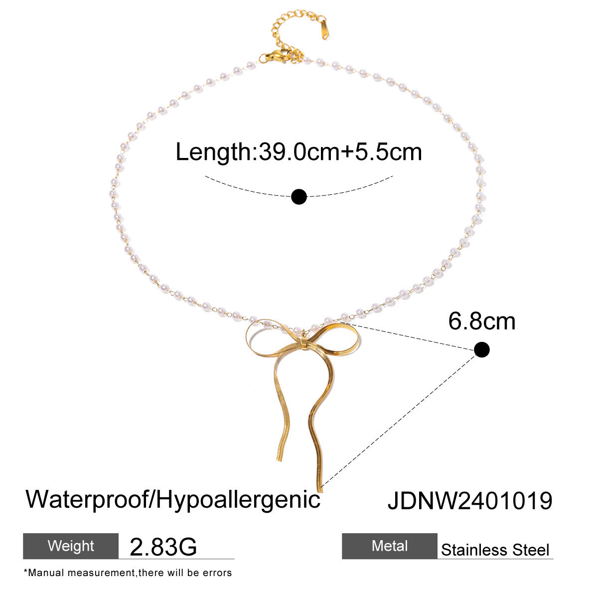 18K Gold Ribbon Bow Pearl Chain Pendant Necklace