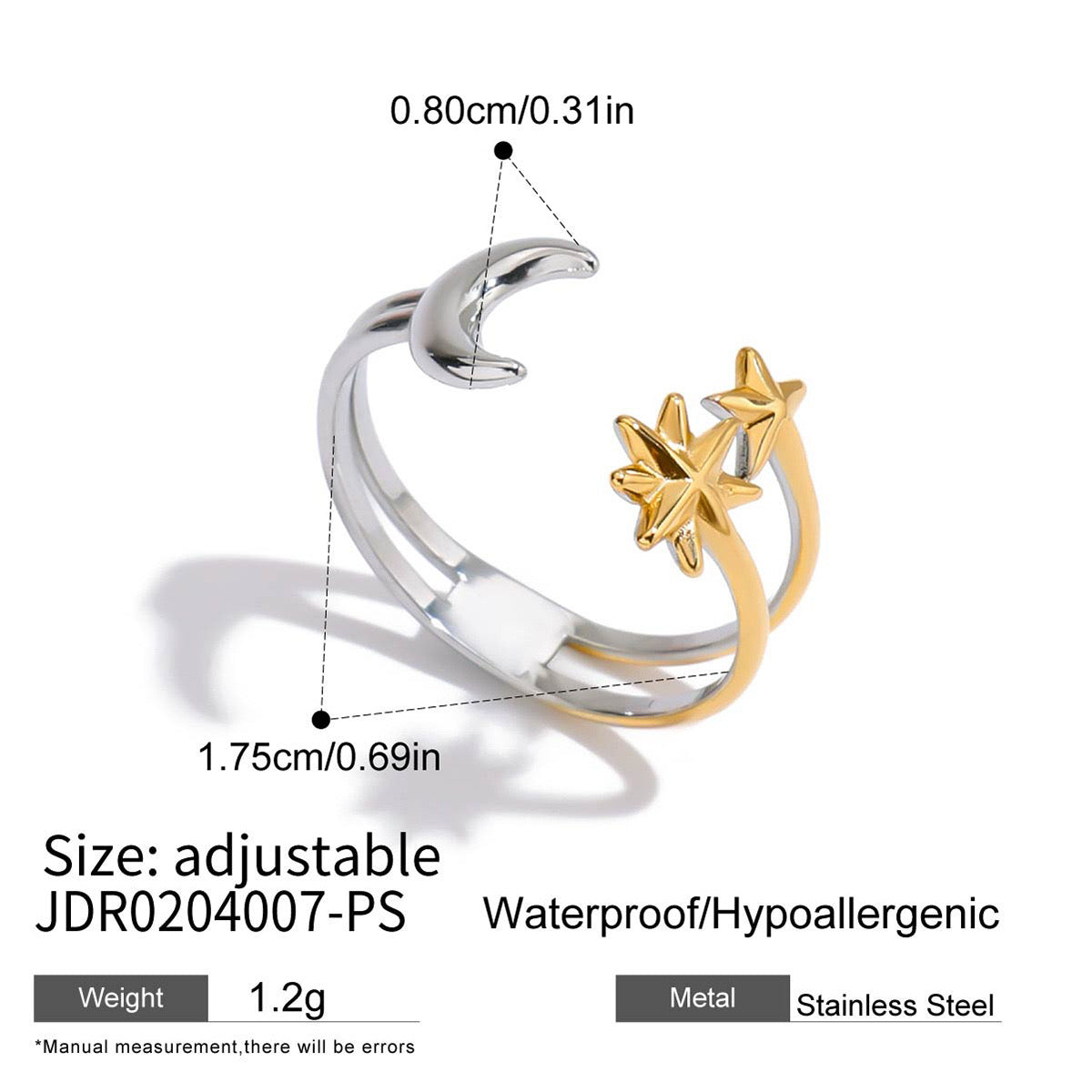 18K Gold Star and Moon Two Tone Silver Ring