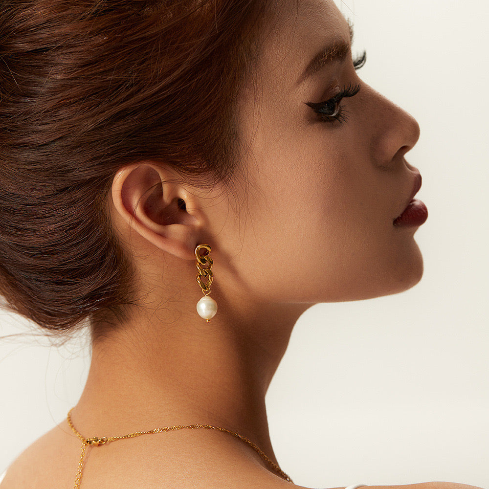 18K Gold Cuban Link Pearl Stud Dangle Earrings