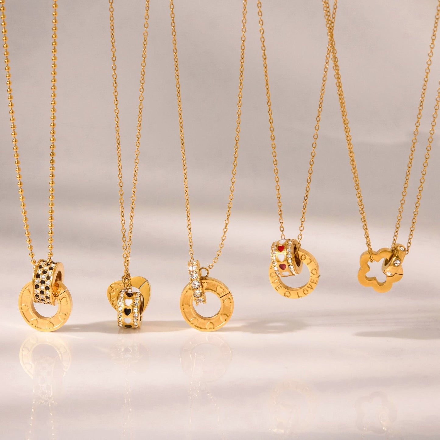 18K Gold Together Two Ring Connected Dainty Pendant Necklace