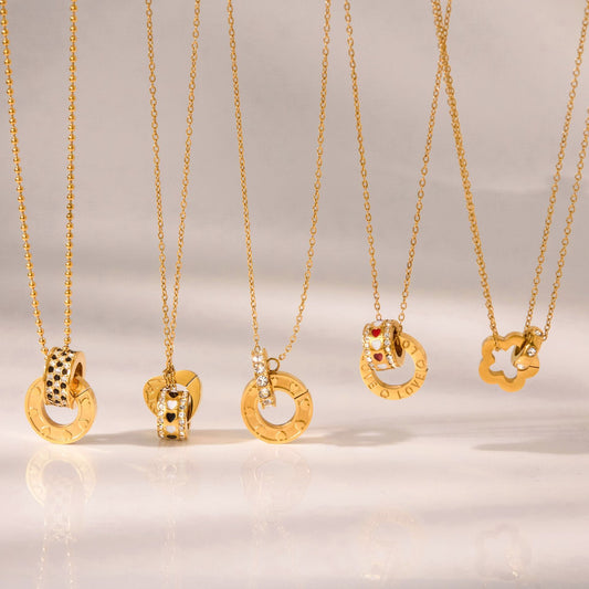 18K Gold Together Two Ring Connected Dainty Pendant Necklace