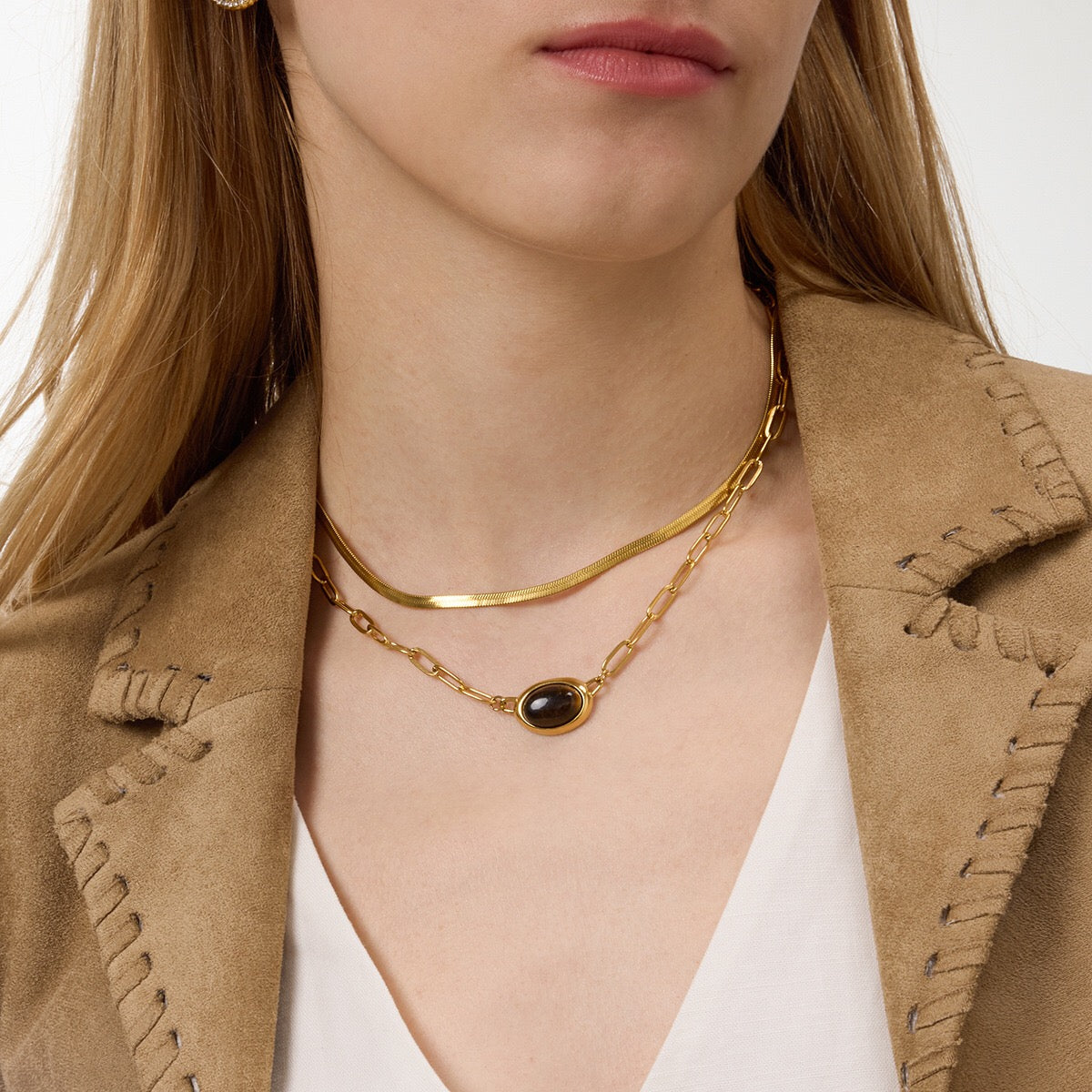 18K Gold Tiger Eye Paperclip Chain Herringbone Choker Layered Necklace Set