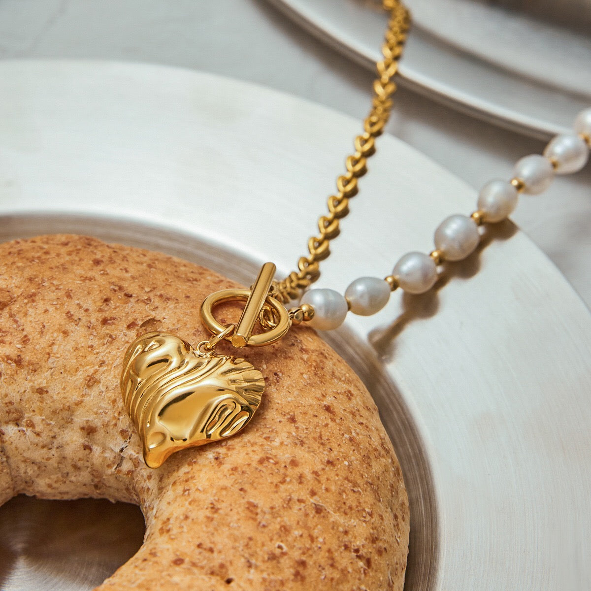 18K Gold Chunky Pearl Beaded Heart Pendant Circle Chain Layered Necklace Set