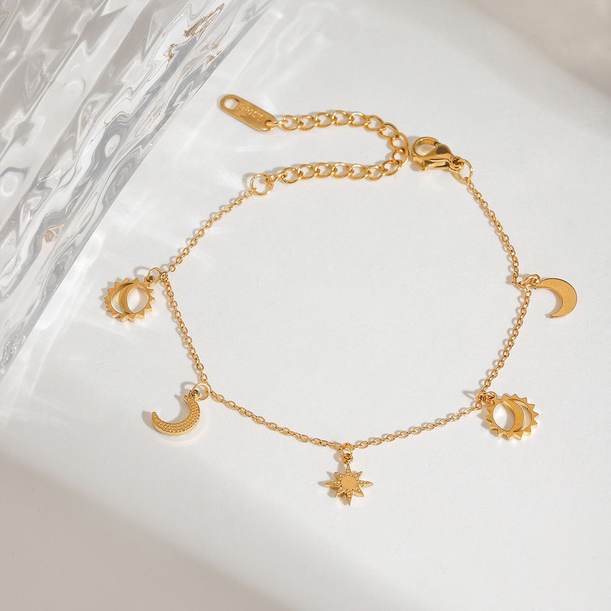 18K Gold Moon and Star Celestial Charm Chain Bracelet