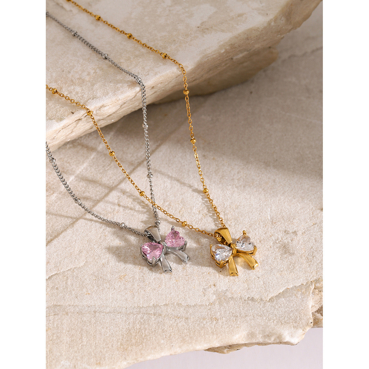 18K Gold Bling Coquette Bow Pendant CZ Necklace