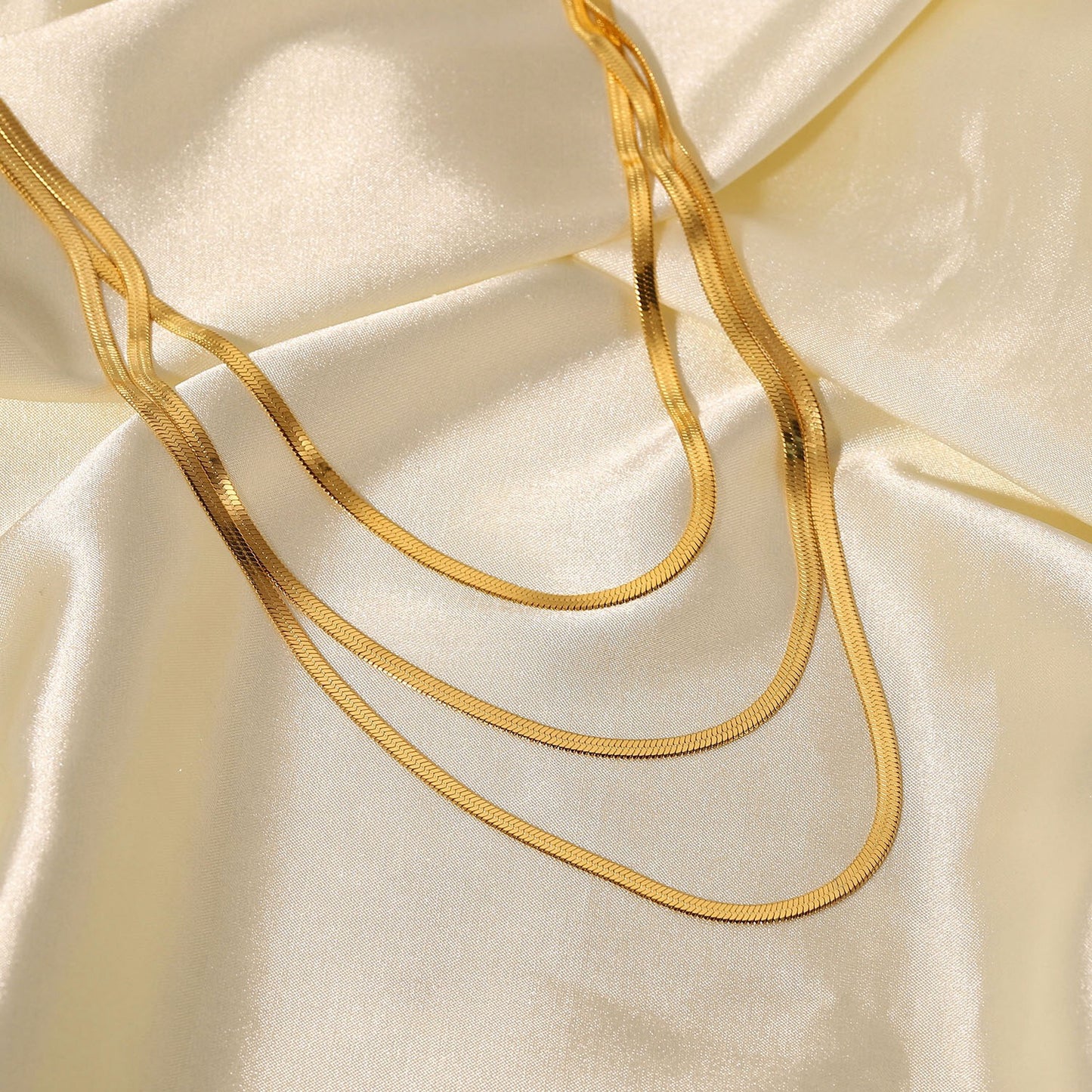 18K Gold Herringbone Snake Chain Layered Necklace Set