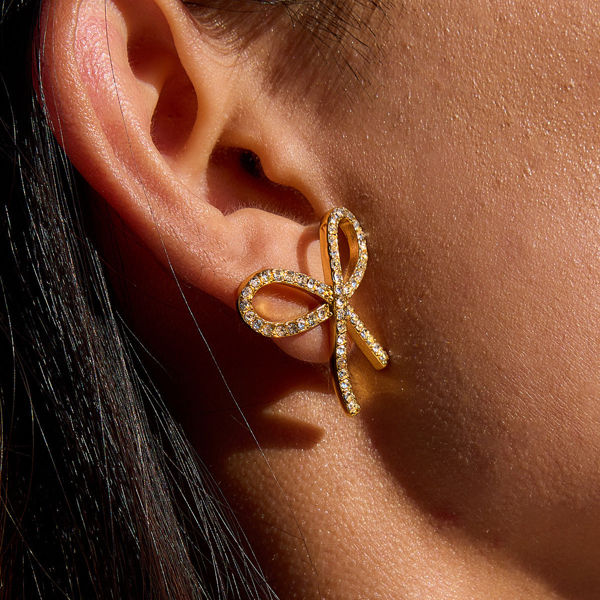 18K Gold Bling Coquette Bow Stud Earrings Ear Cuffs Set