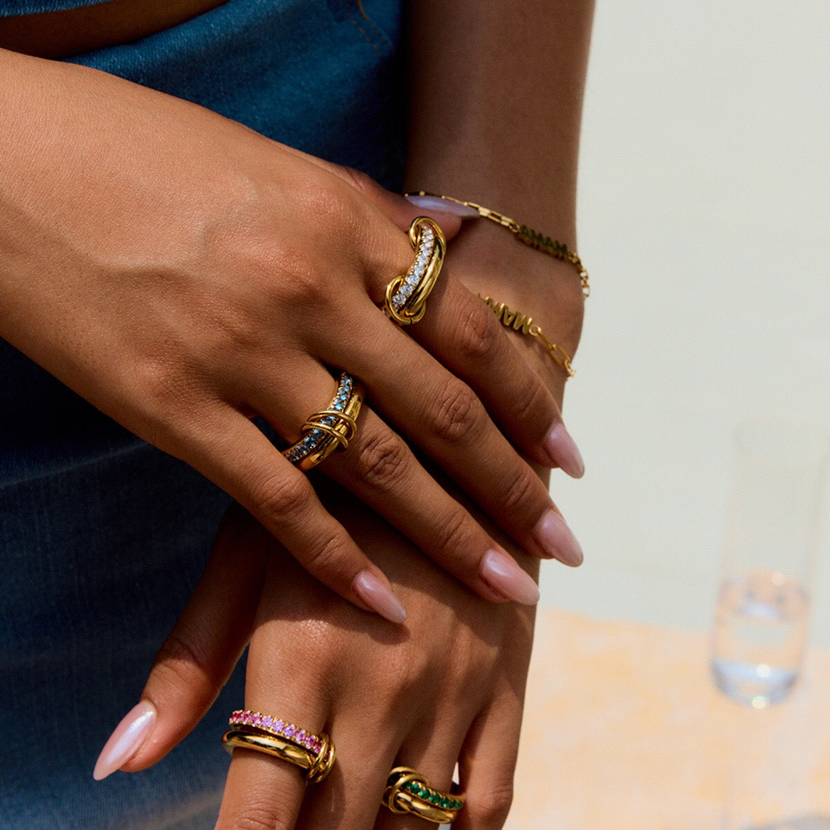 18K Gold Double Link Connected Stacking Pave Ring