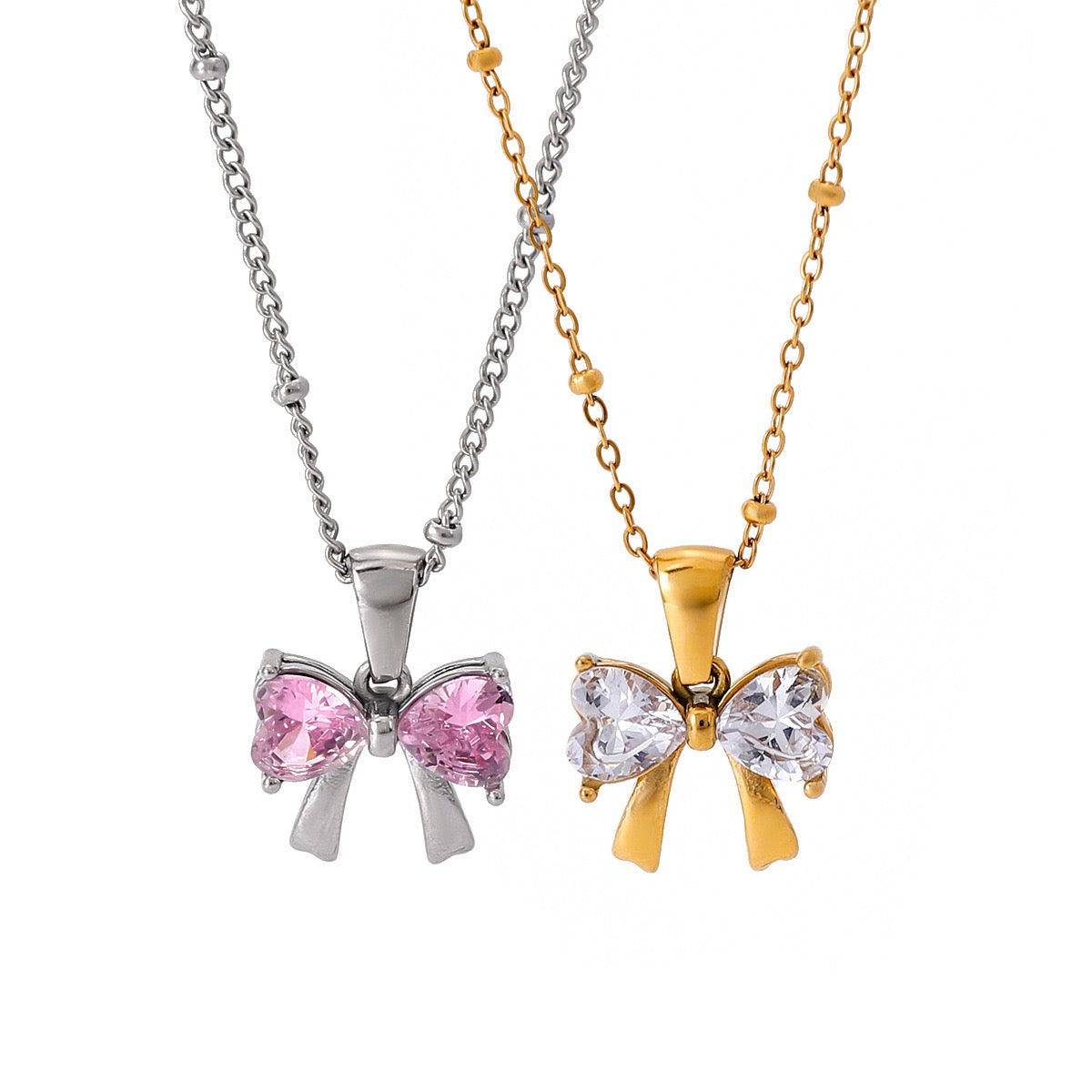 18K Gold Bling Coquette Bow Pendant CZ Necklace