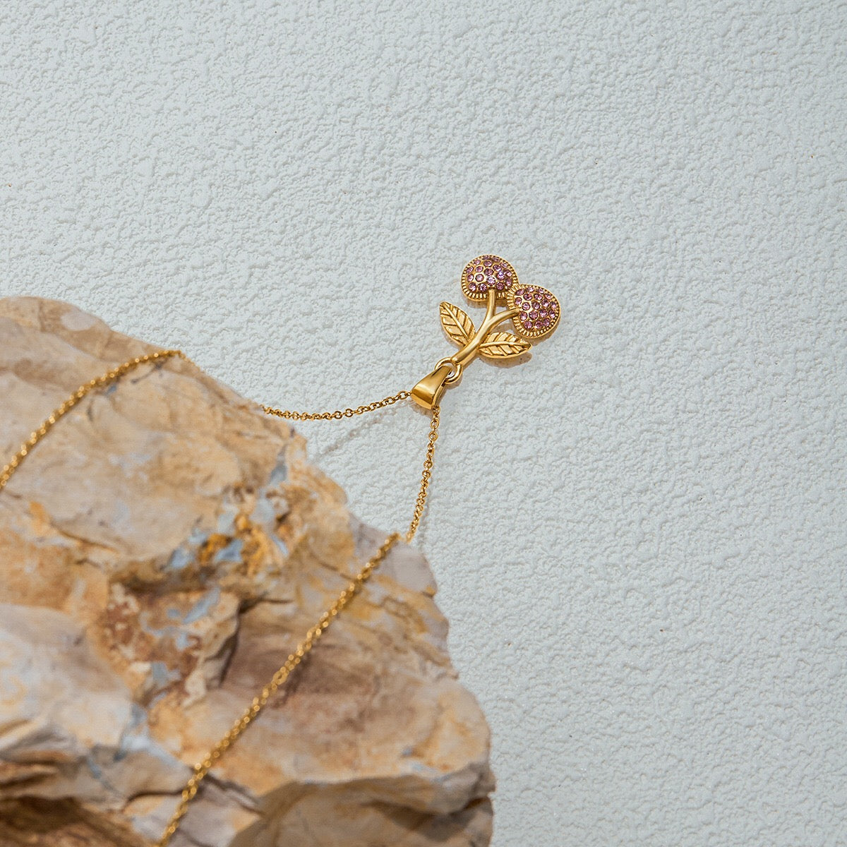 18K Gold Pink Cherry Pendant Herringbone Chain Layered Necklace Set
