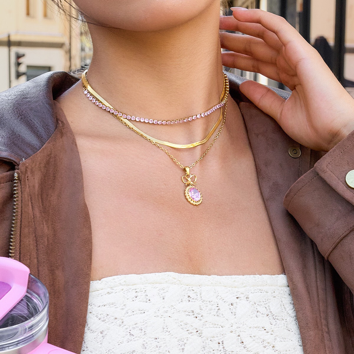 18K Gold Pink Majesty Bow Pendant Necklace