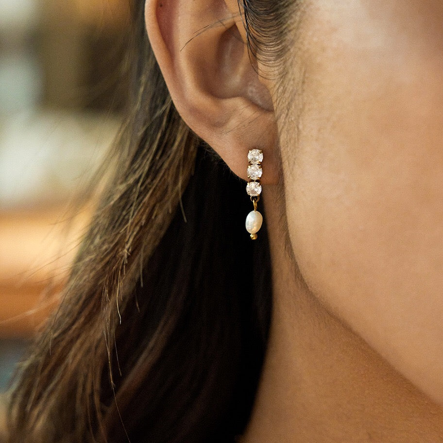 18K Gold Eternal Grace Tennis Pearl Stud Dangle Earrings