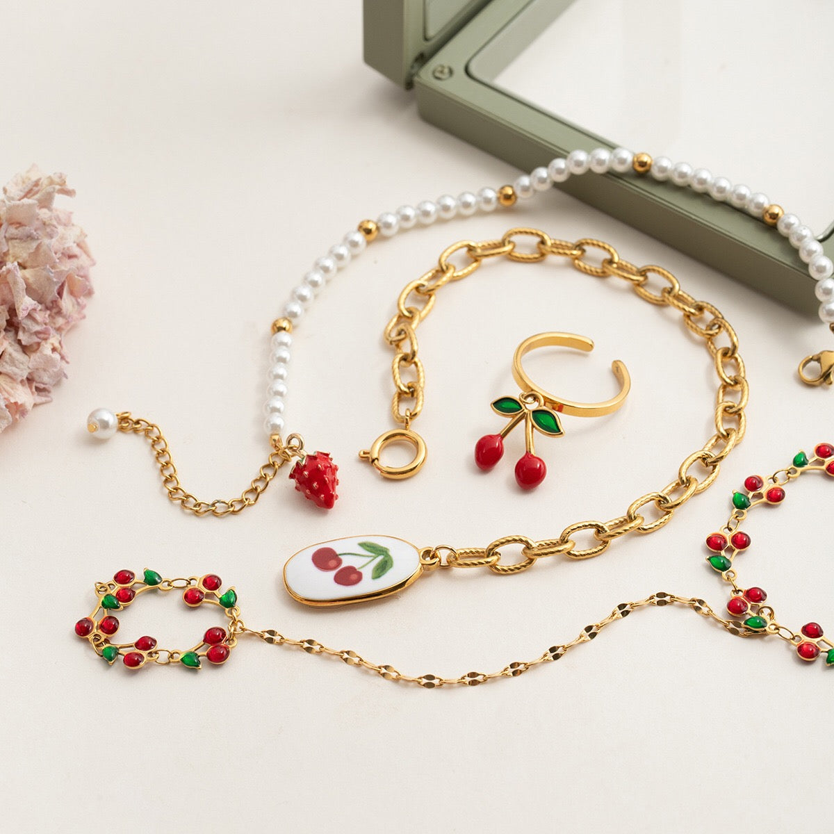 18K Gold Waterproof Red Cherry Trendy Hand Jewelry Chain Bracelet