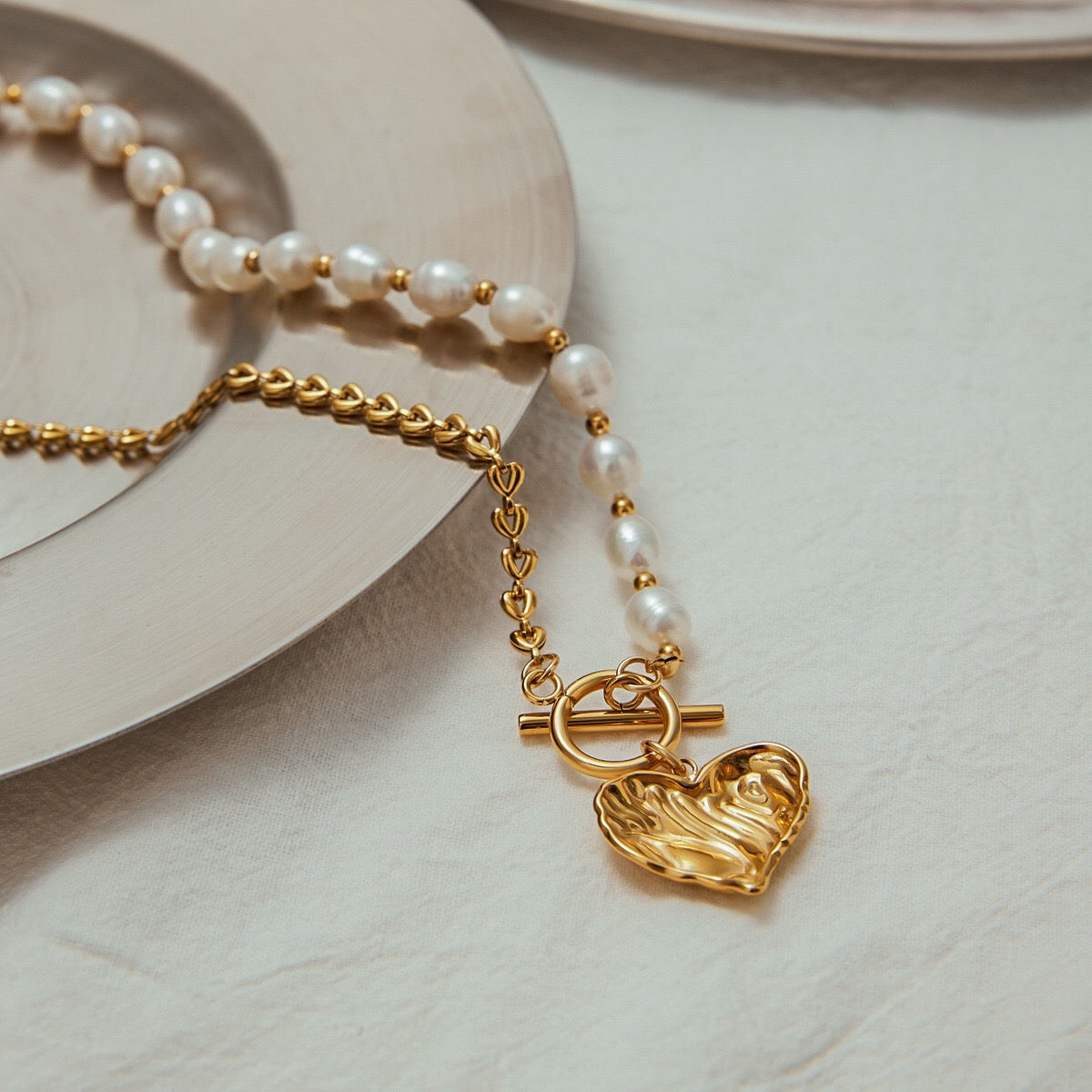 18K Gold Chunky Pearl Beaded Heart Pendant Circle Chain Layered Necklace Set