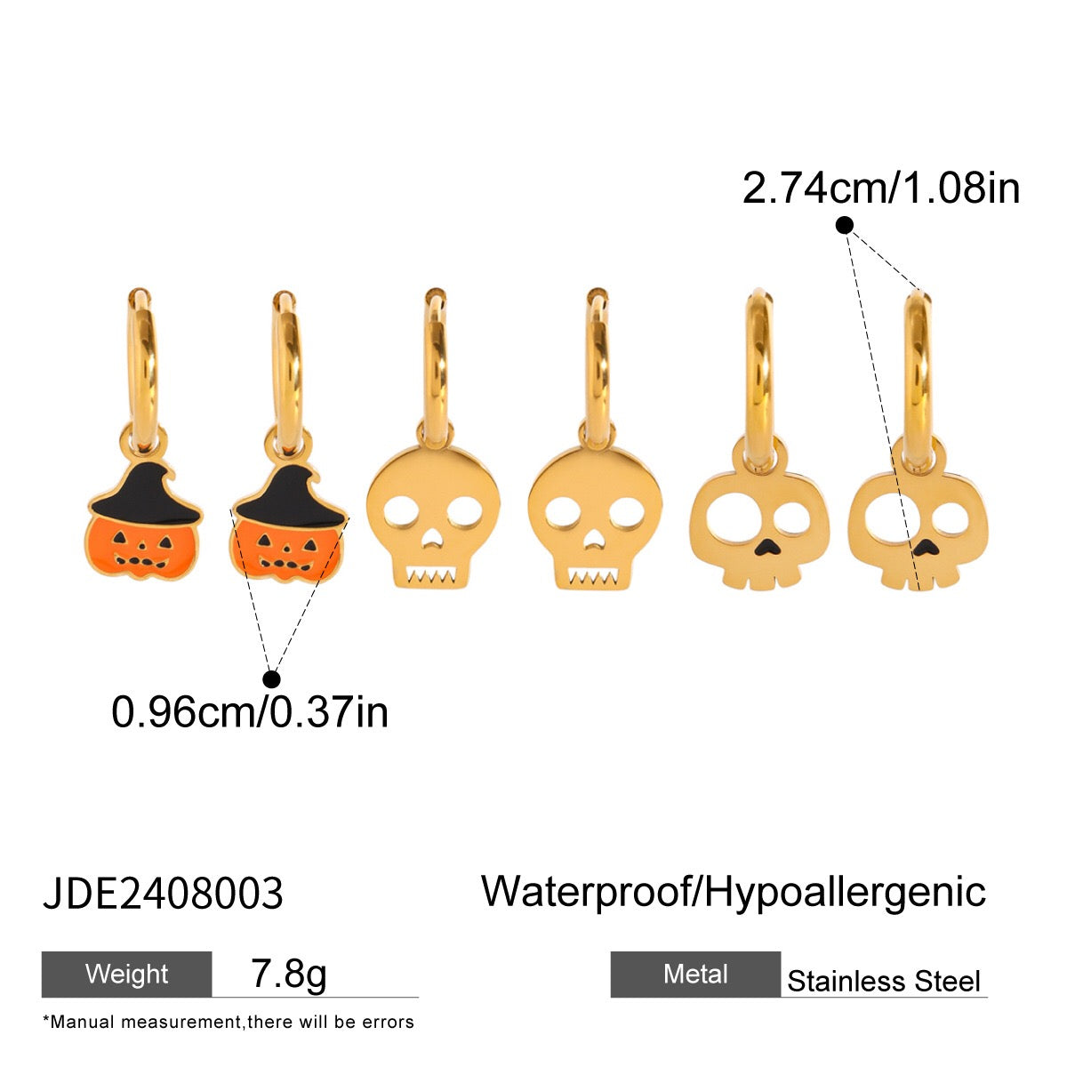18K Gold Halloween Pumpkin Skull Small Hoop Huggie Earrings with Charm