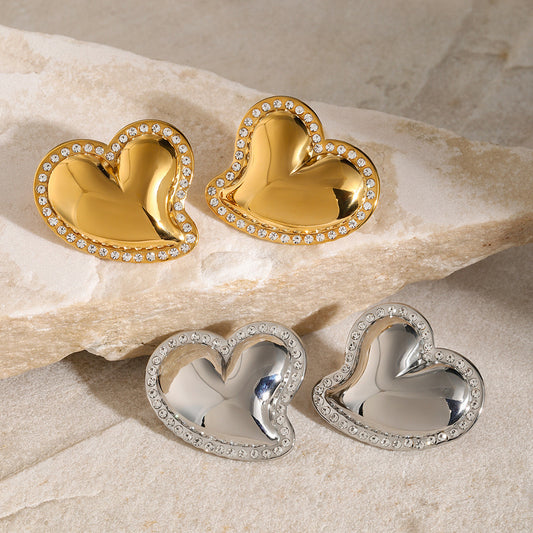 18K Gold Heart Flipped CZ Stud Earrings