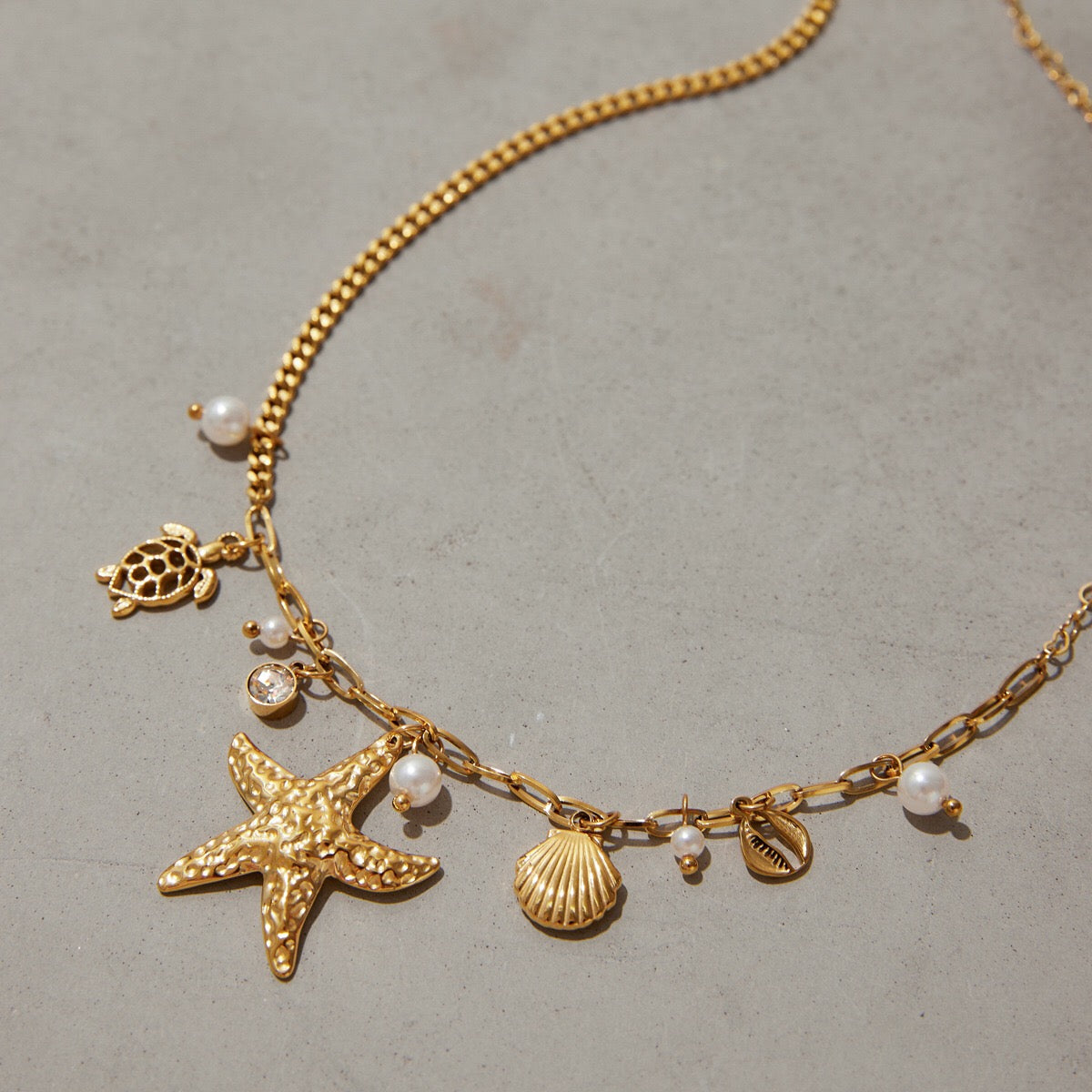 18K Gold Starfish Beach Pearl Beads Charm Necklace