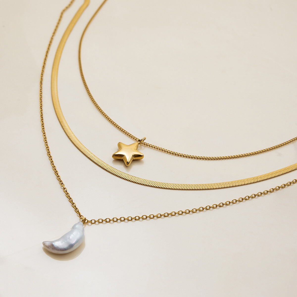 18K Gold Celestial Dream Star Pendant Pearl Moon Herringbone Chain Layered Necklace Set