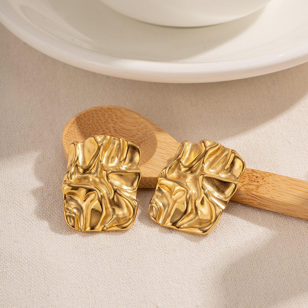 18K Gold Textured Plate Statement Stud Earrings