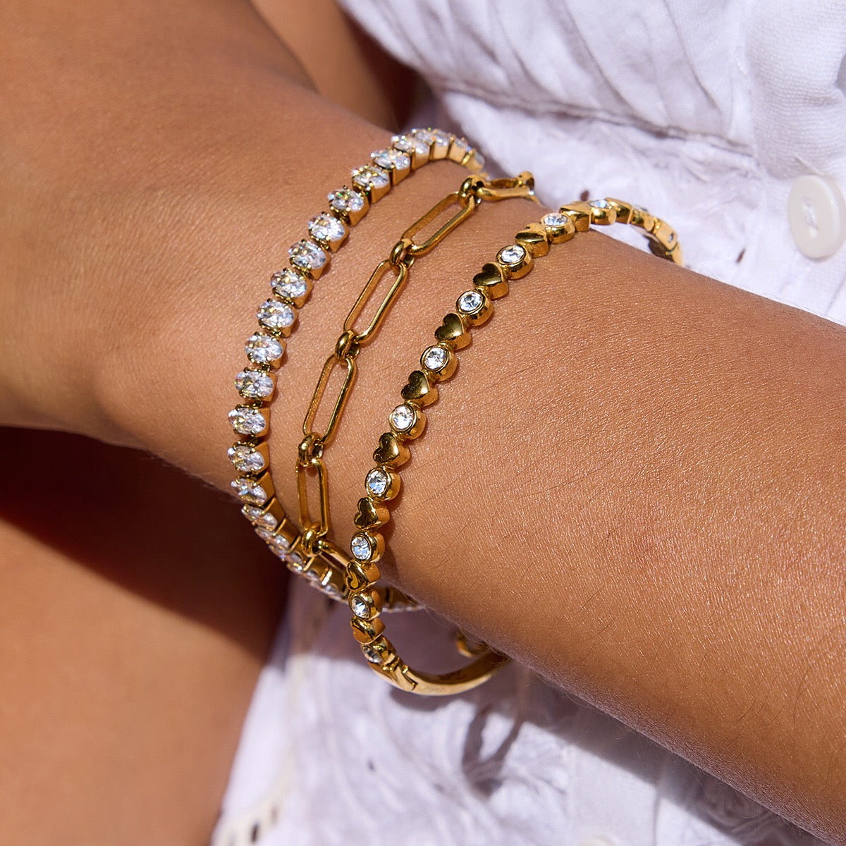 18K Gold Extra Bling Paperclip Chain Bangle Tennis Bracelet Stack