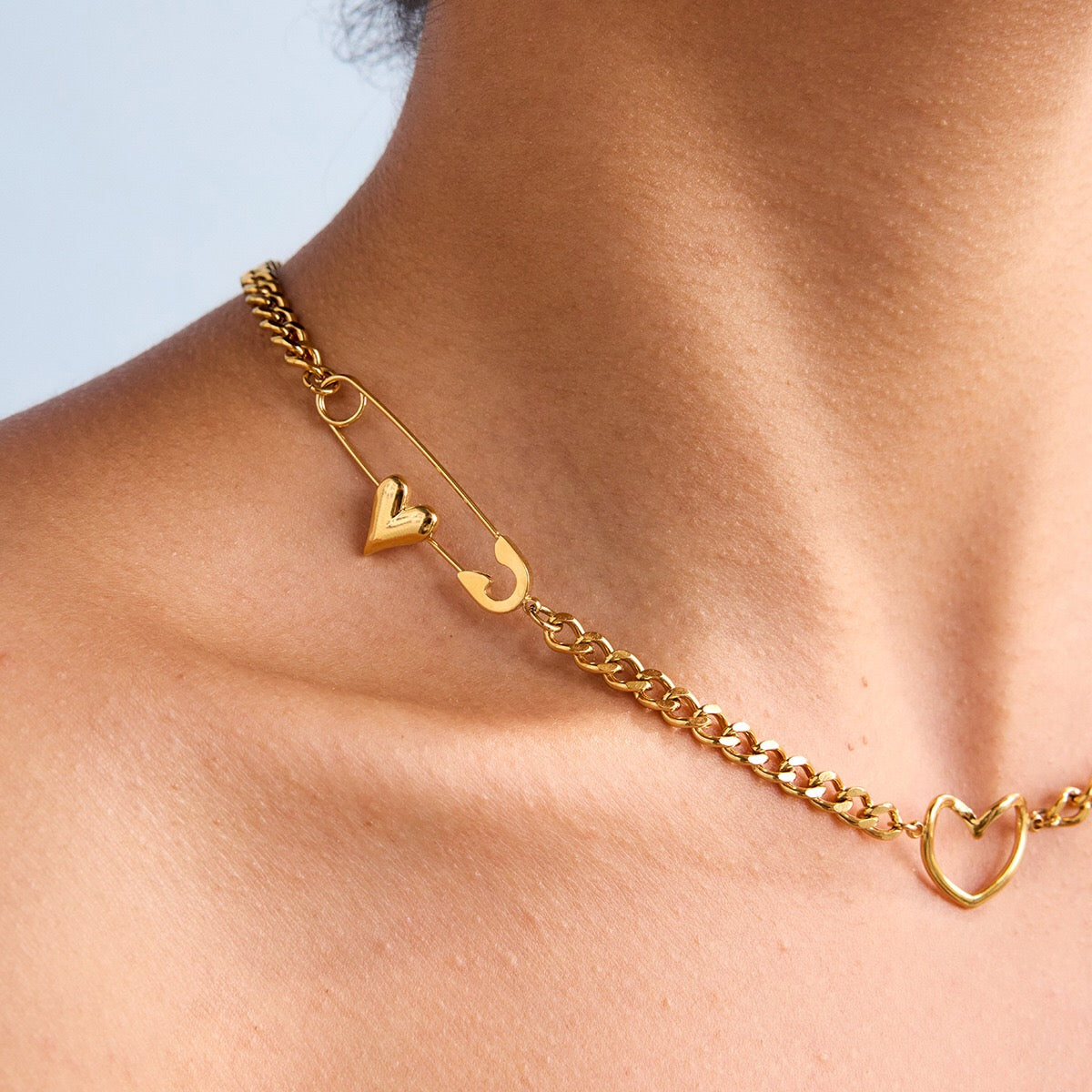 18K Gold Heart Safety Pin Pearl Cuban Curb Chain Necklace
