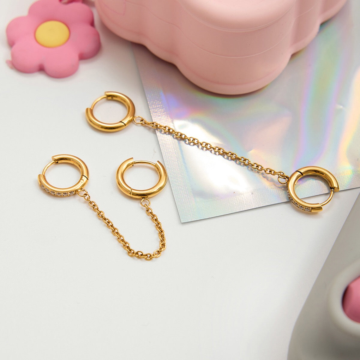 18K Gold Sweet Tangle Small Hoop Huggie Dangle Drop Chain Earrings