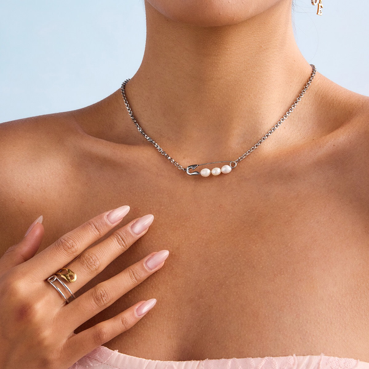 18K Gold and Silver Starry Bow Pendant Pearl Safety Pin Chain Layered Necklace Set