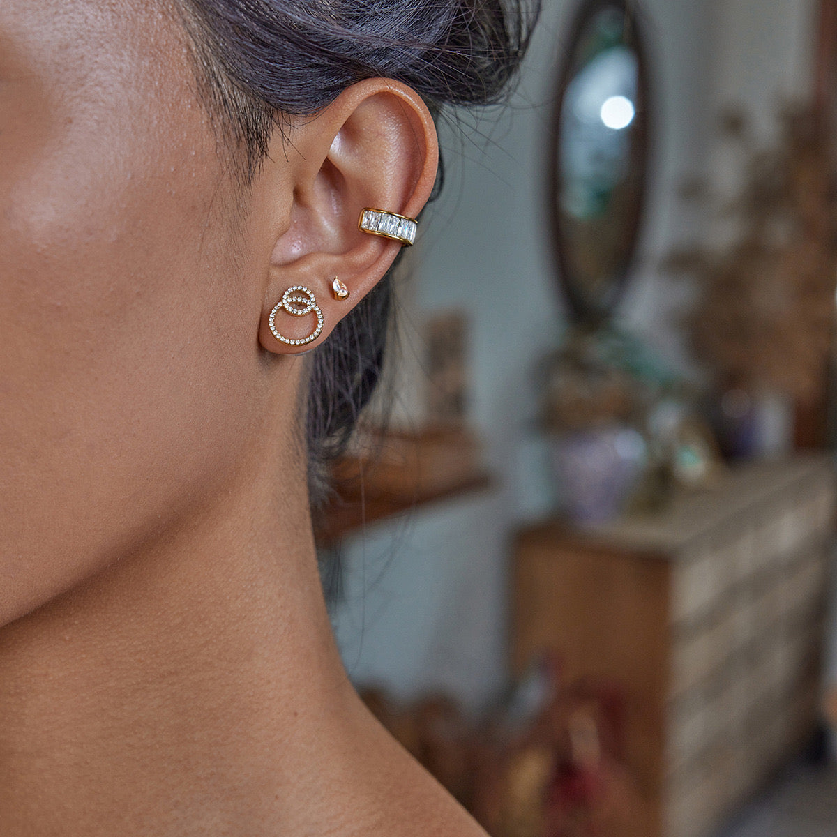 18K Gold Extra Bling Stud Earrings Ear Cuff Set