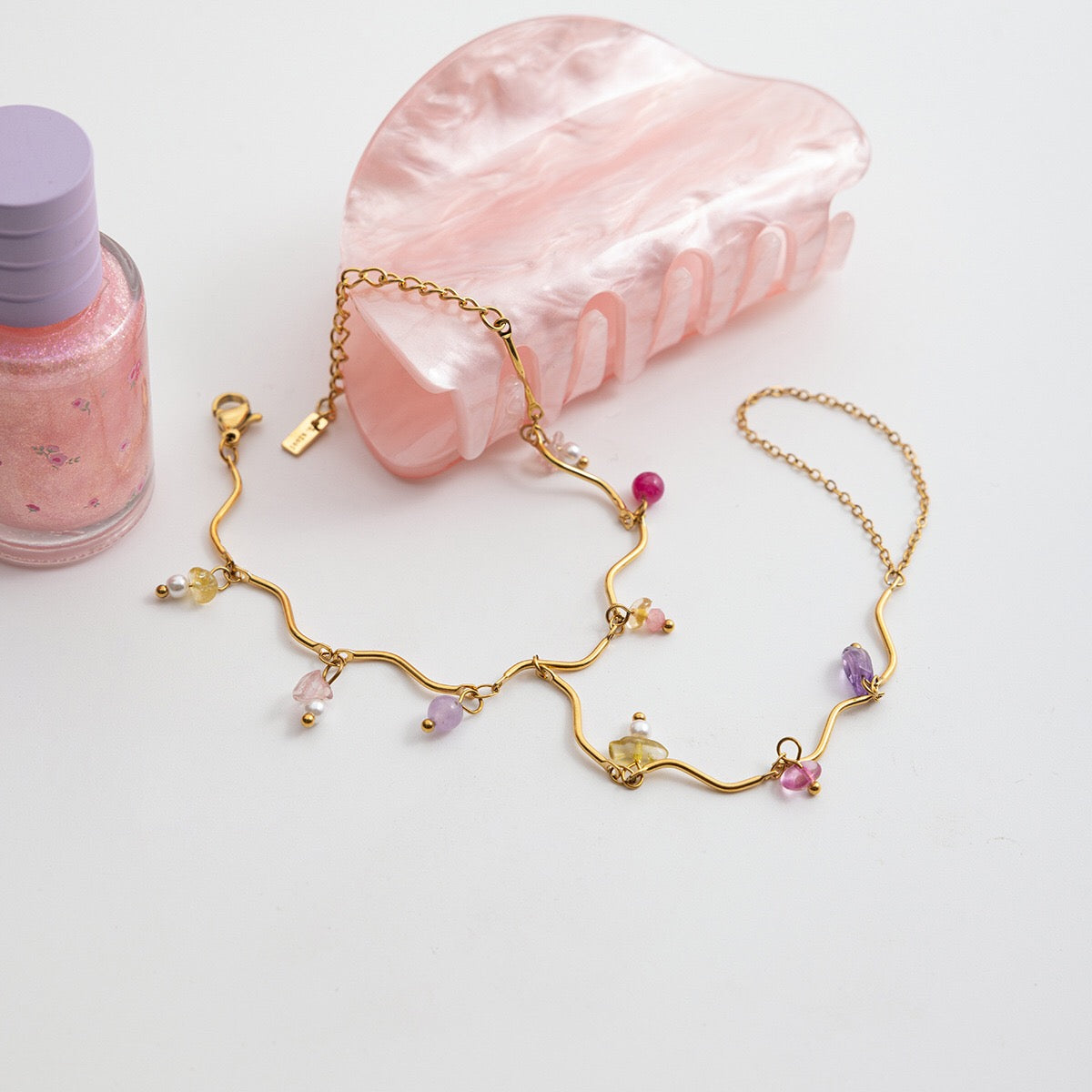 18K Gold Waterproof Pastel Gemstone Delicate Wavy Hand Chain Bracelet