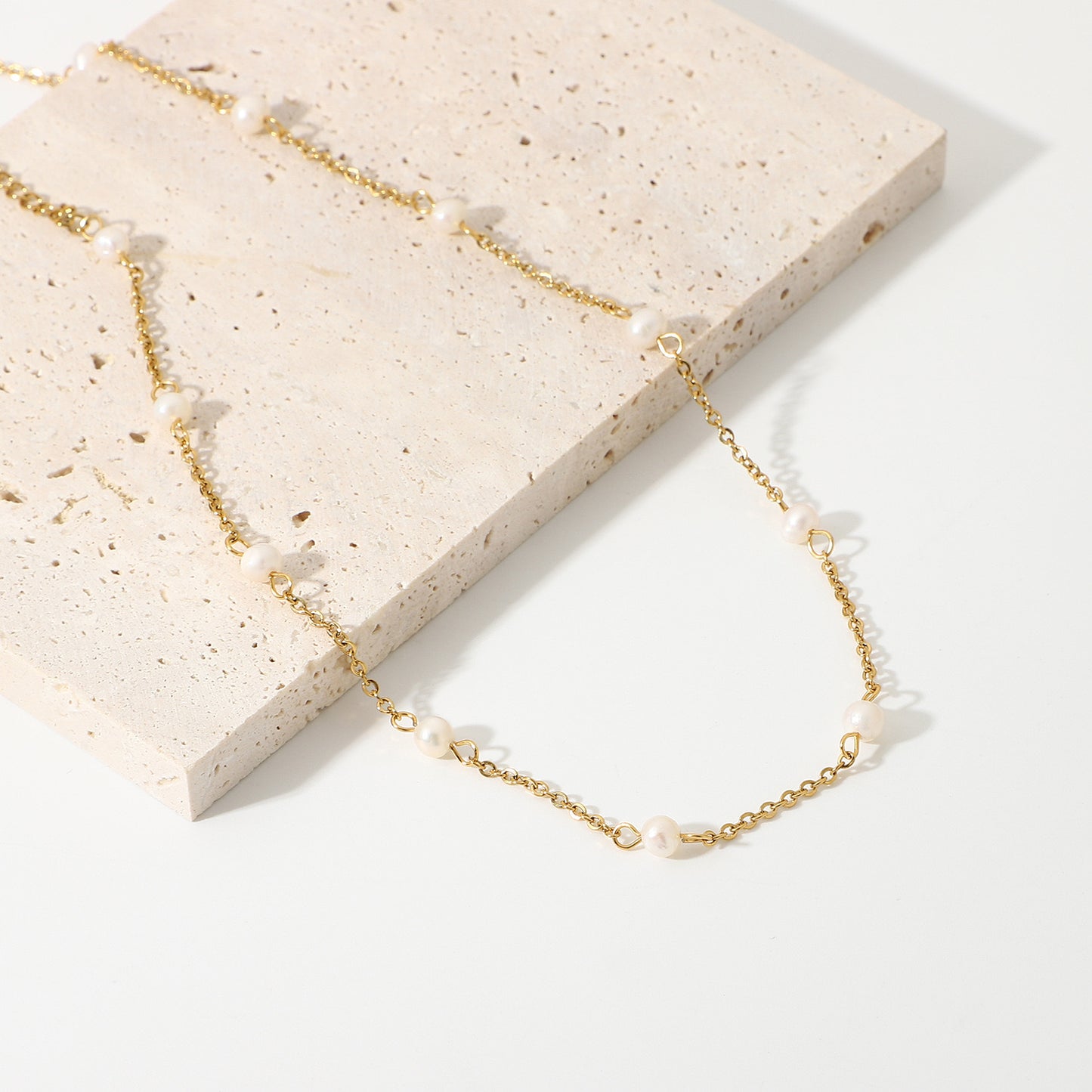 18K Gold Elegant Dainty Pearl Chain Choker Necklace