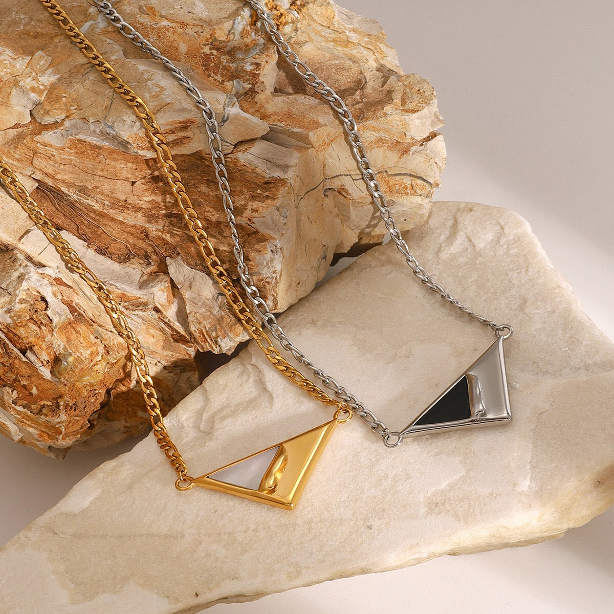 18K Gold Mother of Pearl Triangle Pendant Figaro Chain Necklace