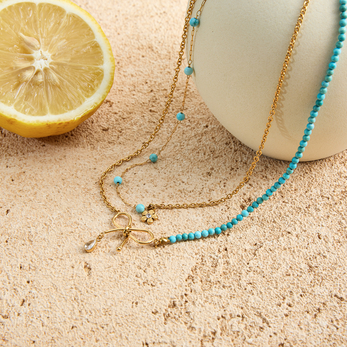 18K Gold Turquoise Beads Bow Pendant Double Chain Layered Necklace Set