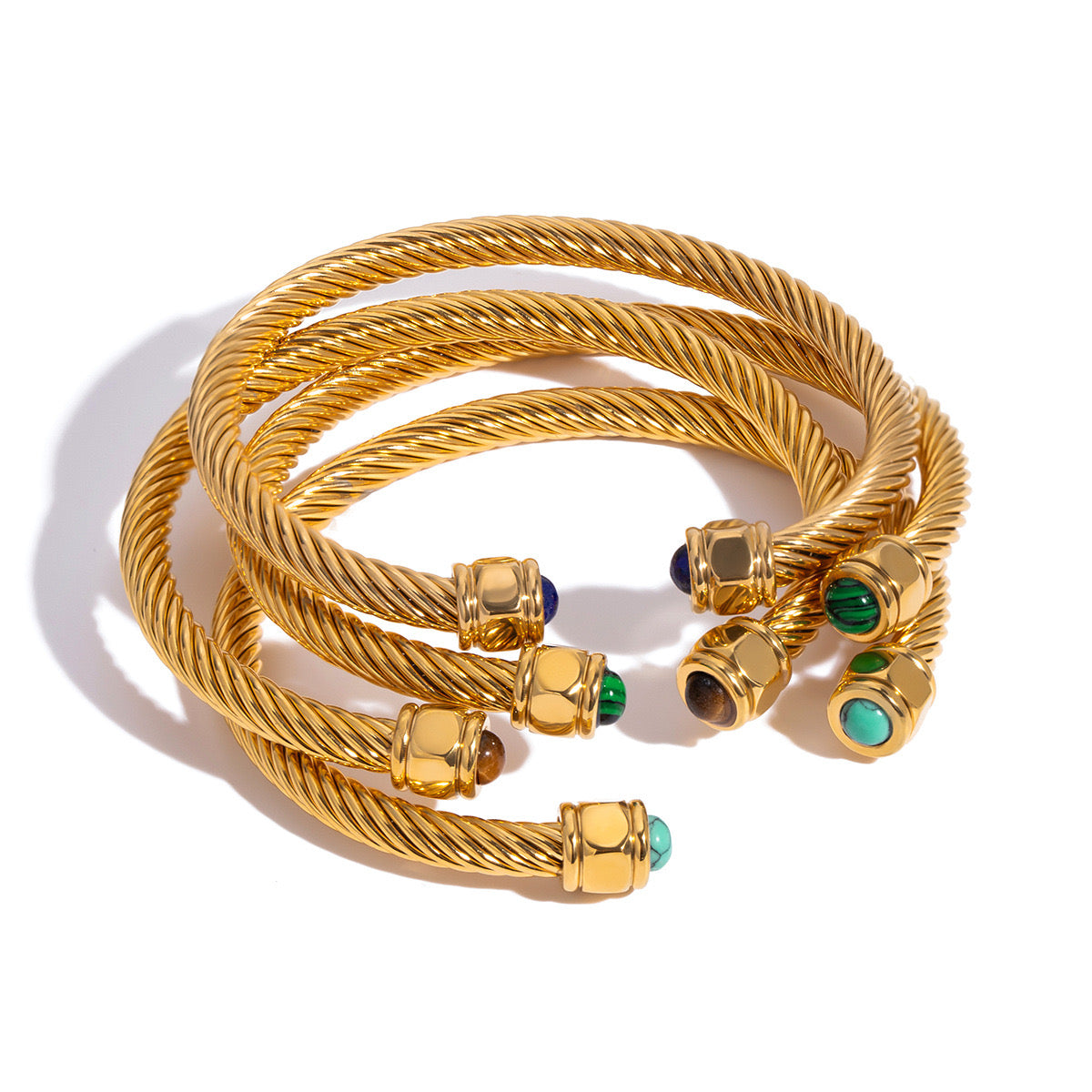 18K Gold Natural Stone Twisted Ribbed Cuff Bangle Bracelet