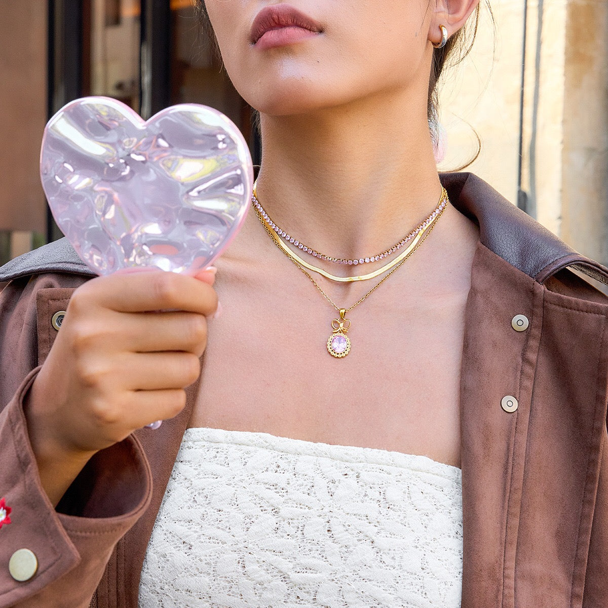 18K Gold Pink Majesty Bow Pendant Necklace