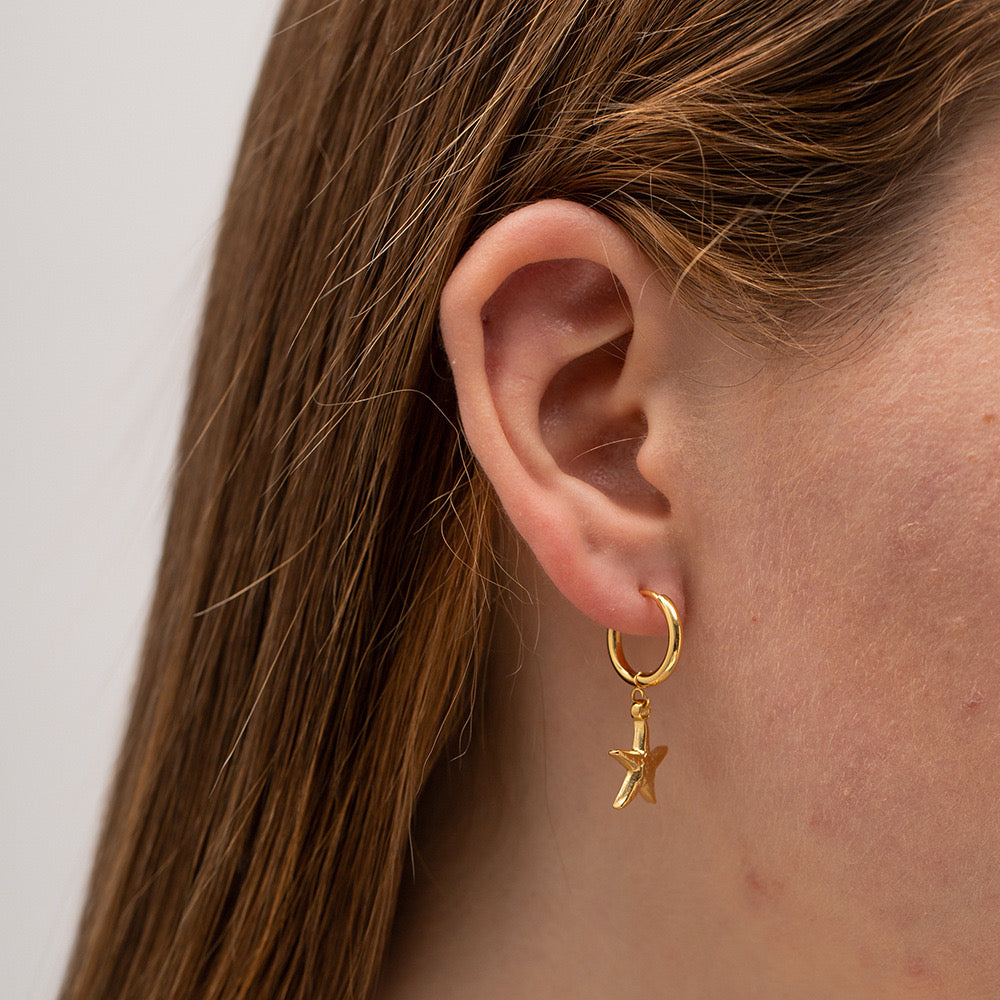 18K Gold Star Huggie Earrings with Charm