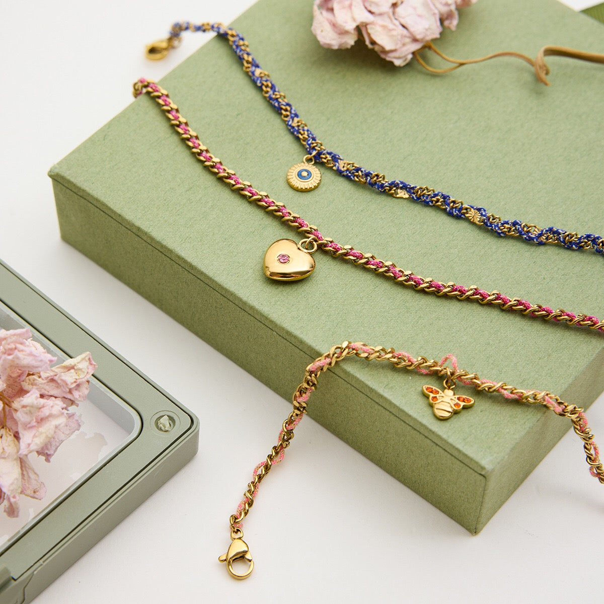 18K Gold Cozy String Chain Dainty Charm Bracelet