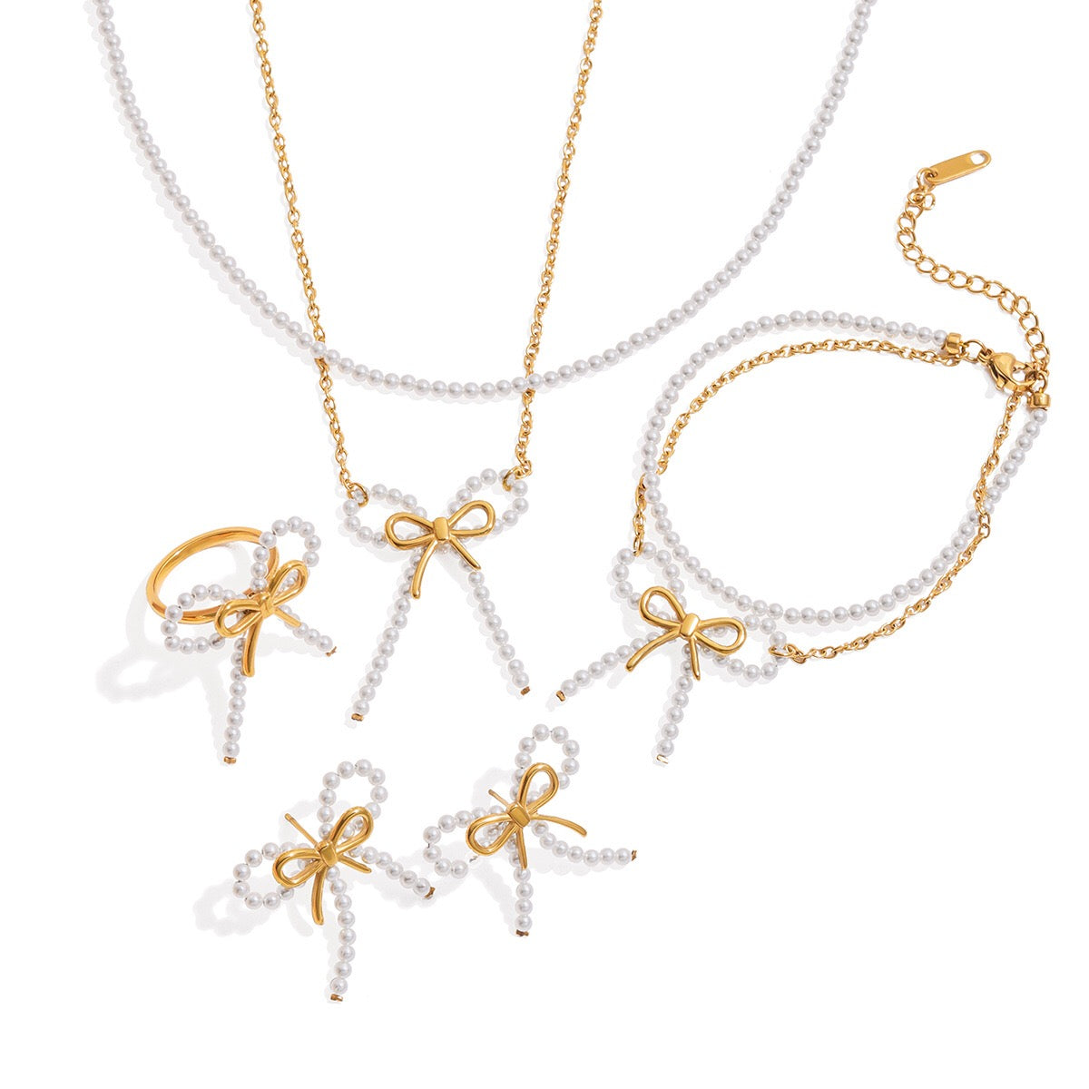 18K Gold Coquette Bow Pearl Pendant Double Chain Layered Necklace Set
