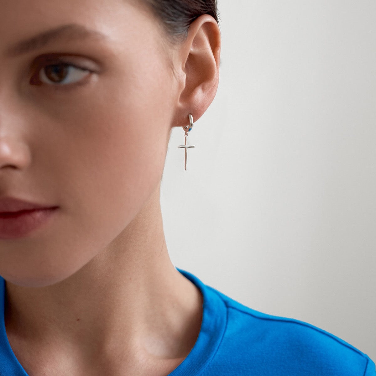 18K Gold Minimalist Cross Huggie Earrings With Charm