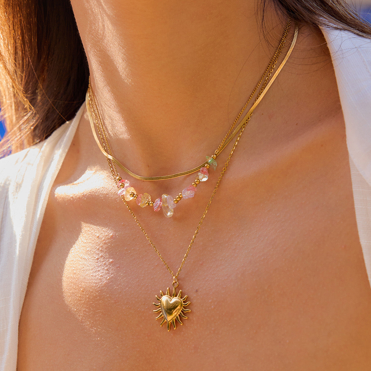 18K Gold Heart Pendant Gemstone Beaded Herringbone Snake Chain Layered Necklace Set