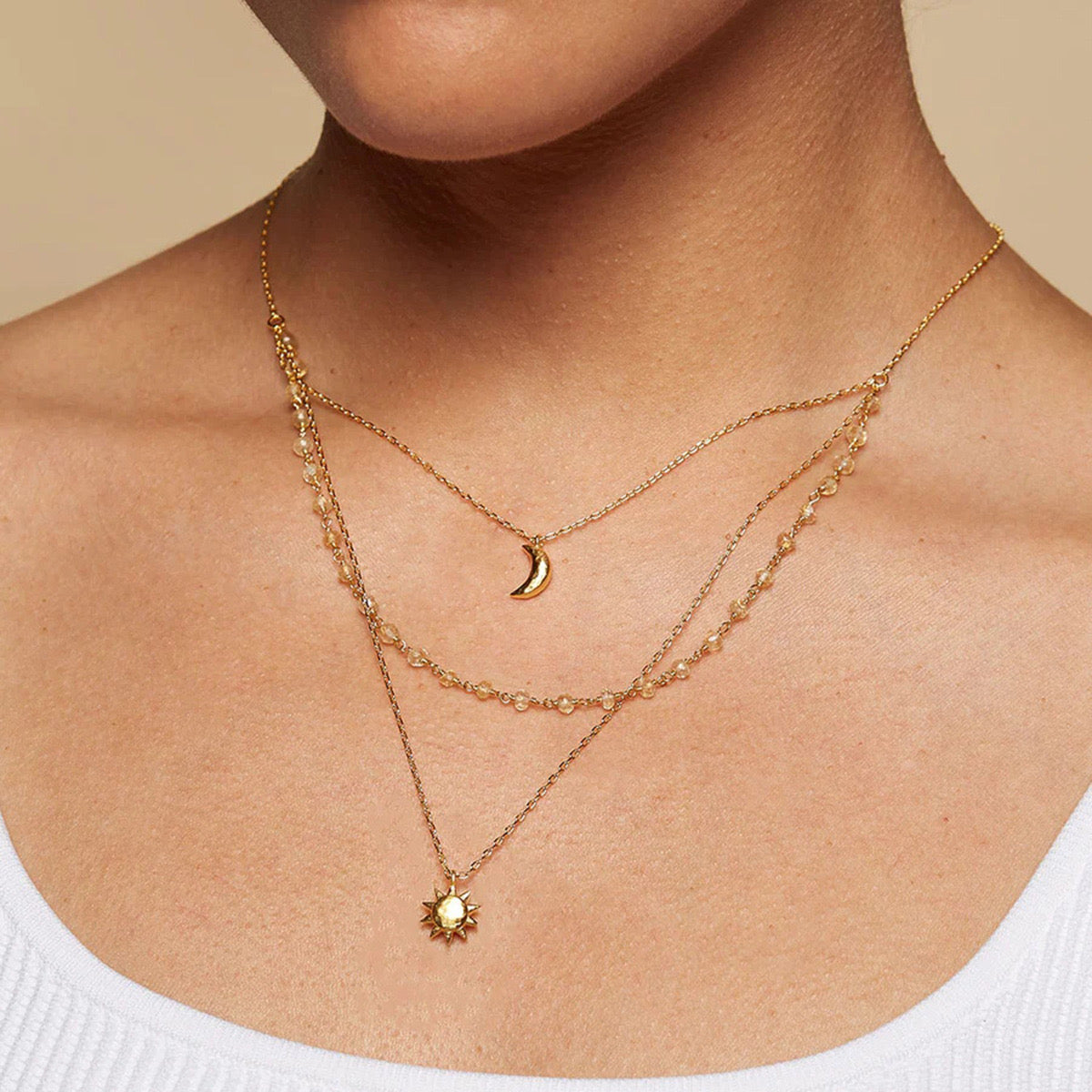 18K Gold Sun And Moon Dainty Chain Layered Necklace
