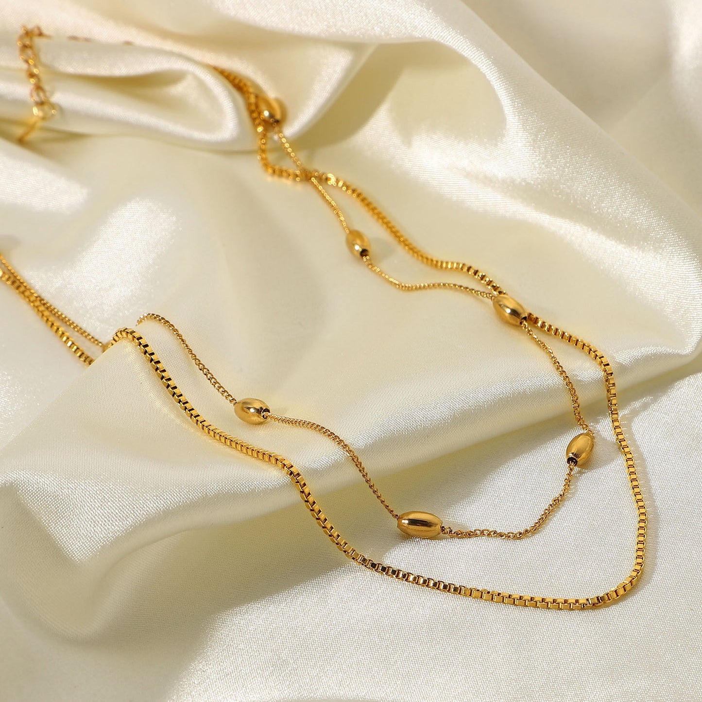 18K Gold Box Chain Beaded Layered Necklace Set
