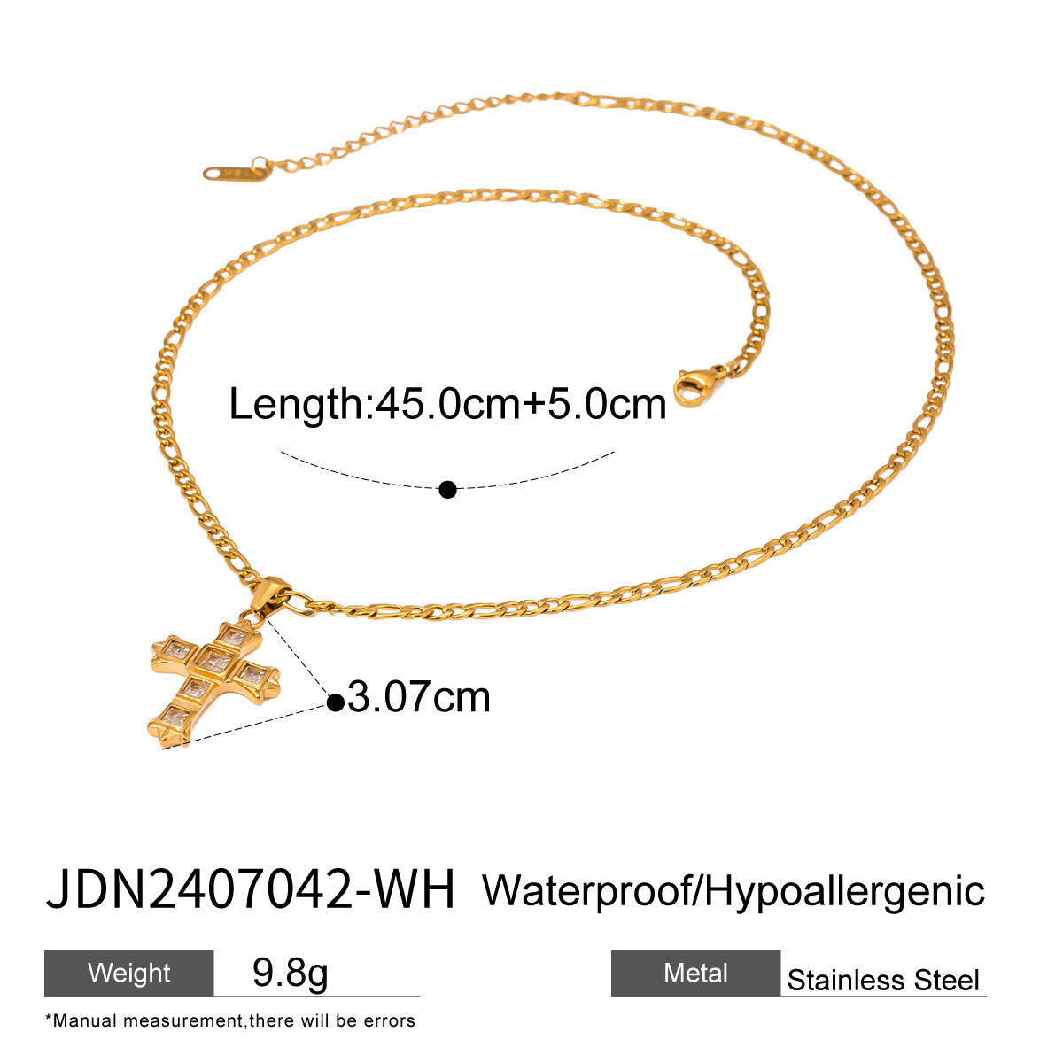 18K Gold Gemstone Cross Pendant Figaro Chain Statement Necklace