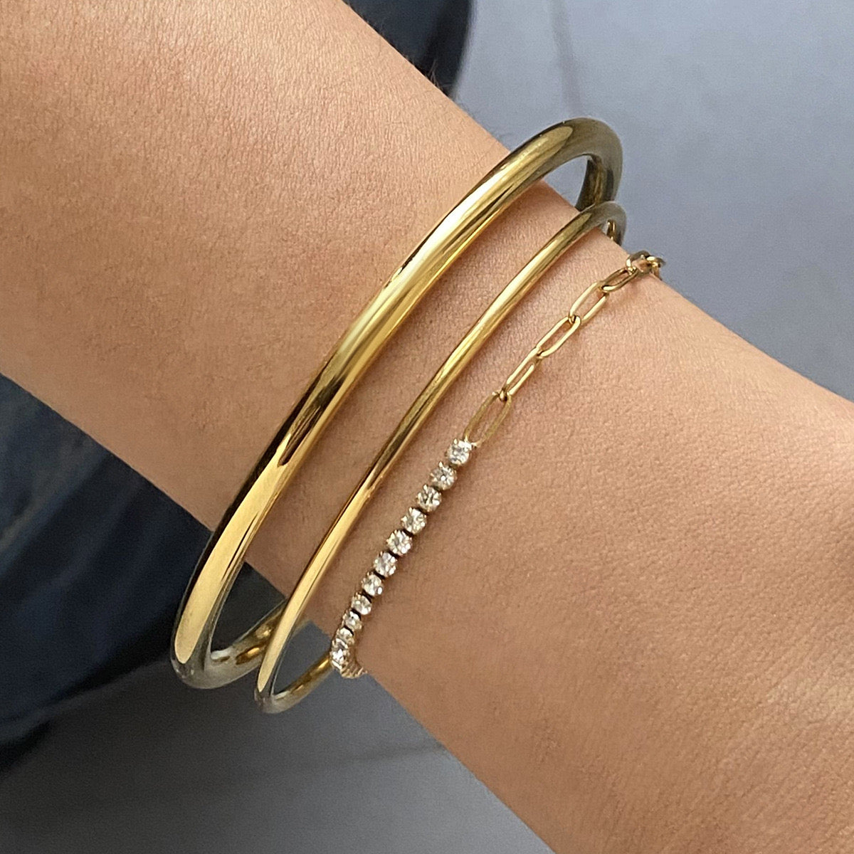 18K Gold Minimalist Paperclip Chain Silm Bangle Tennis Bracelet Stack