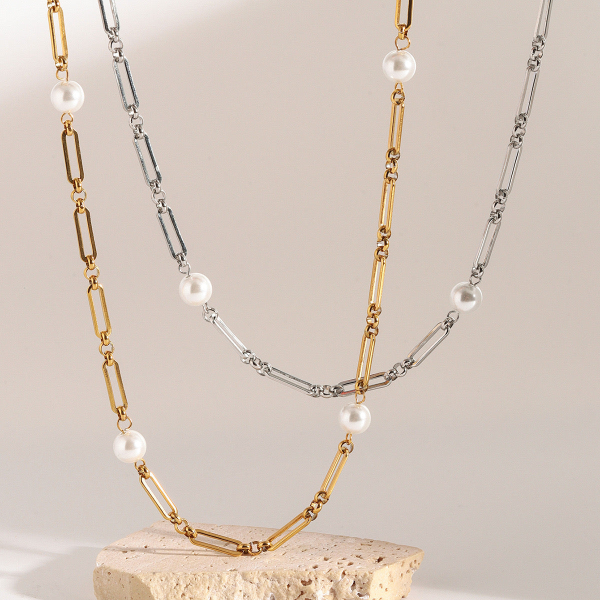 18K Gold Paperclip Chain Pearl Chain Extra Long Necklace
