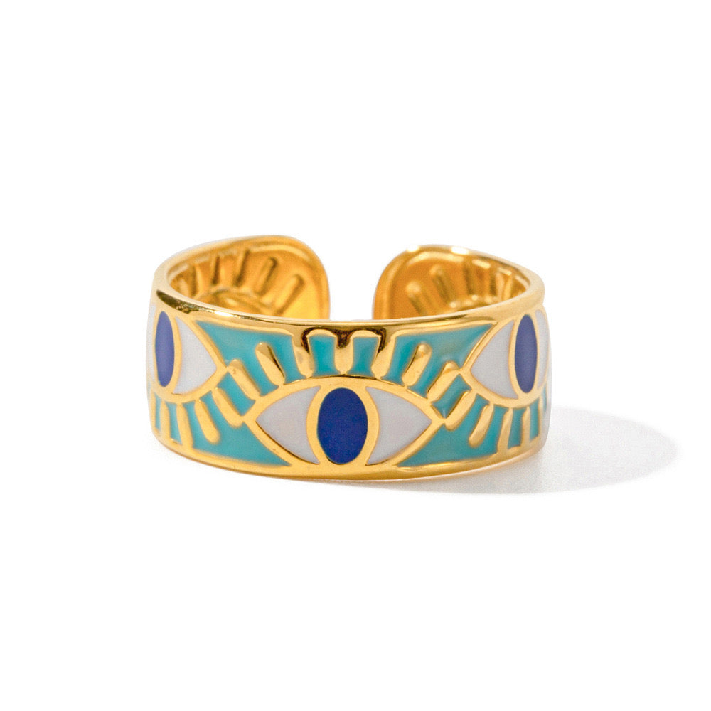 18K Gold Evil Eye Protection Band Ring