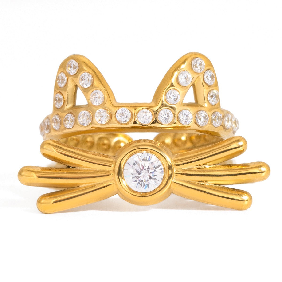 18K Gold Whiskered charm Pave Cat Tennis Stacking Ring